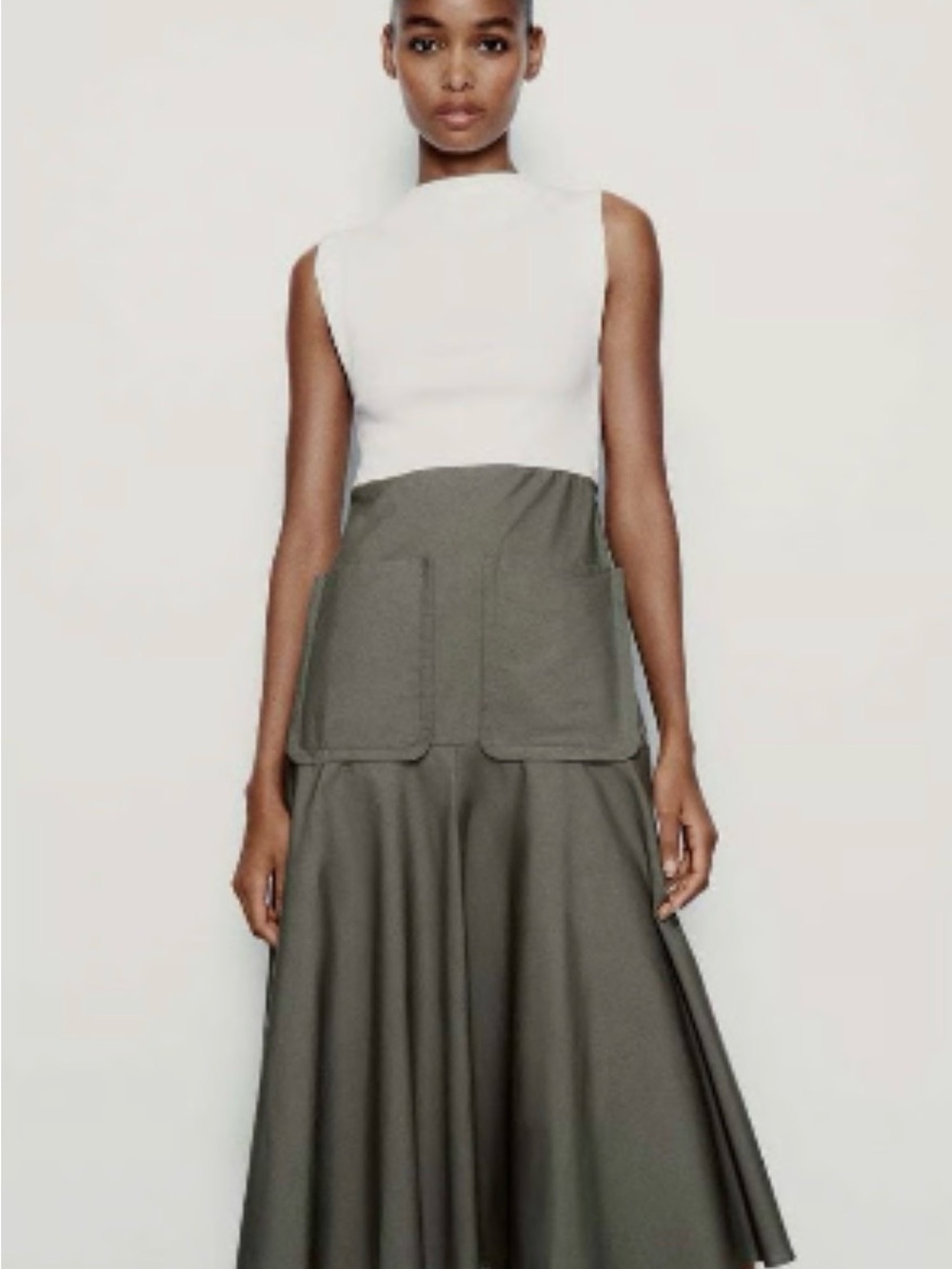 Zara Olive Green A-Line Midi Skirt with Front Patch Pockets